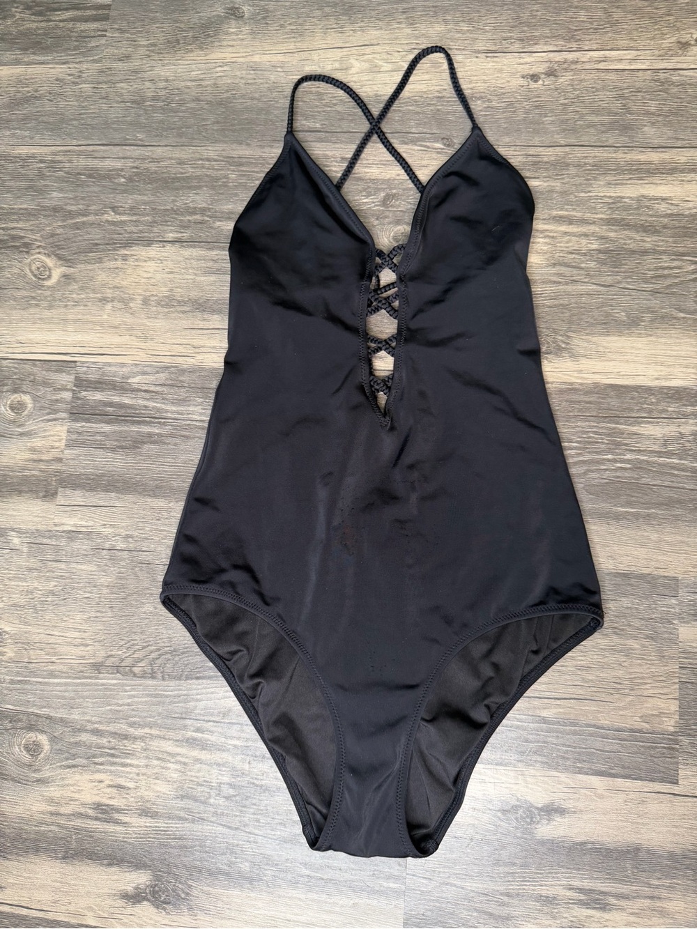Victoria’s Secret Swimsuit S Black One Piece Lace Up Plunge Braided Strappy